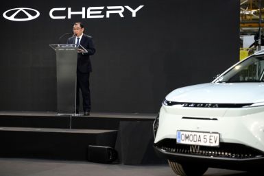 Chery International Executive Vice President  Zhang Guibing delivers a speech in Barcelona after signing an agreement with Spanish group Ebro-EV Motors in Barcelona that will see the creation of a joint venture to assemble Chinese cars in Spain