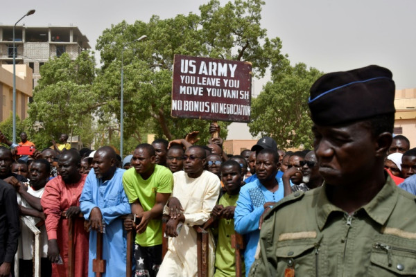Protesters urge US troops to leave Niger during a demonstration in Niamey on April 13, 2024