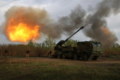 Ukrainian forces fire at Russian troops with a 155 mm self-propelled howitzer 2C22 "Bohdana" in the Kharkiv region, on April 21, 2024