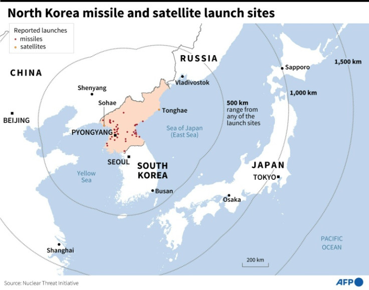 Map showing North Korea's missile and satellite launch sites, and neighbouring countries