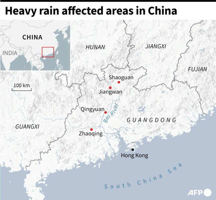 Map of southern China's Guangdong province, locating the areas most affected by heavy rainfall in recent days.