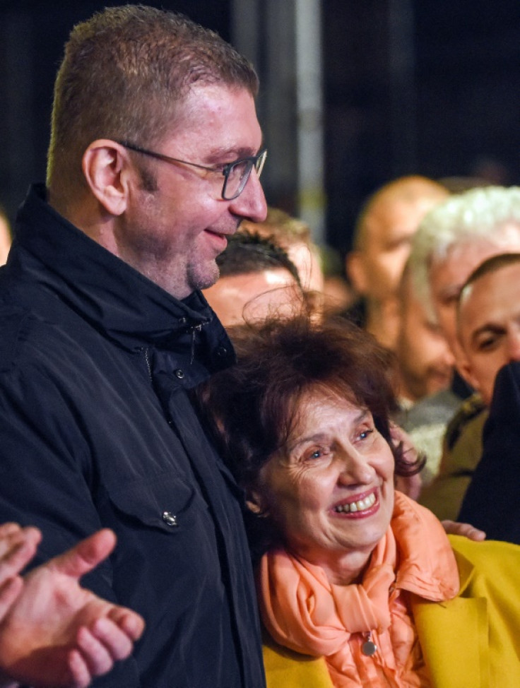 North Macedonia opposition leader Hristijan Mickovski with his right-wing party's presidential candidate Gordana Siljanovska Davkova