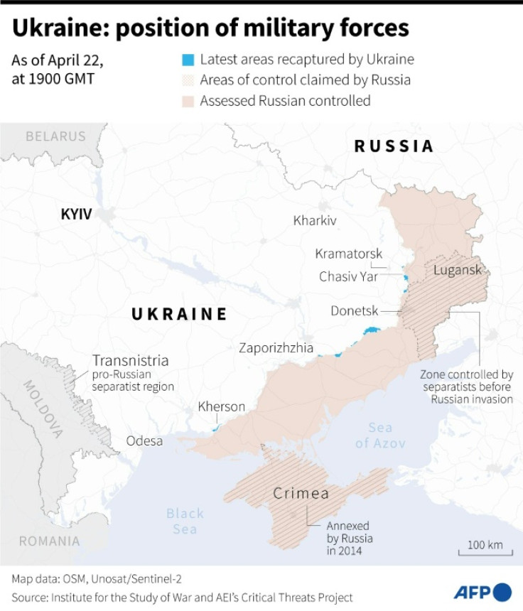 Map of areas controlled by Ukrainian and Russian forces in Ukraine