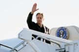 US Secretary of State Antony Blinken waves as he boards his plane at Joint Base Andrews on his way to Beijing