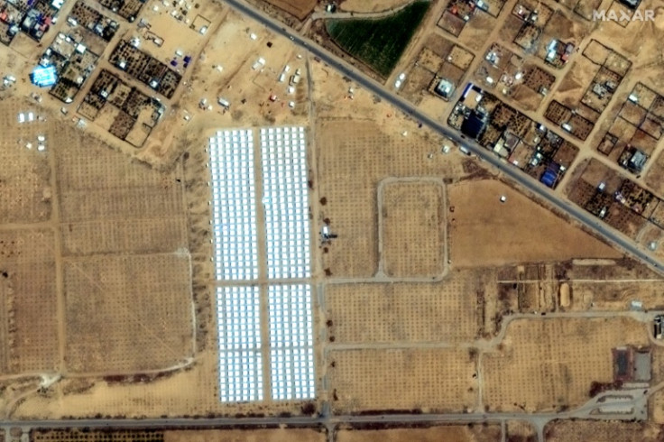 A satellite image courtesy of Maxar Technologies shows tent camps in southern Gaza that were not there earlier this month
