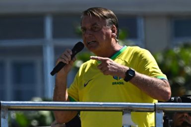 Former Brazilian President Jair Bolsonaro speaks to supporters during a demonstration at Copacabana Beach in Rio de Janeiro, Brazil, on April 21, 2024