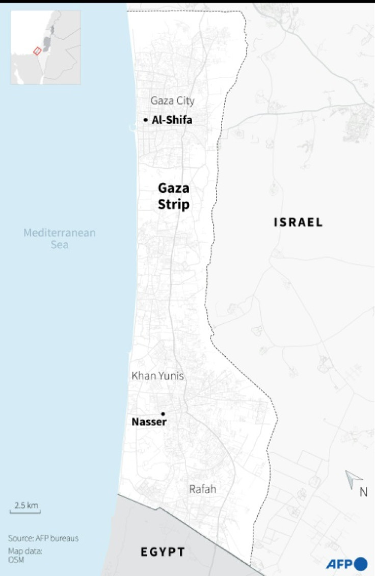 Map of the Gaza Strip showing Nasser and Al-Shifa hospitals