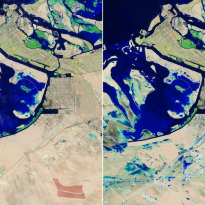 (COMBO) This combination of handout pictures courtesy of NASA's Earth Observatory created on April 24, 2024 and taken on April 3 (R) and April 19 (L), 2024 by the the OLI-2 (Operational Land Imager-2) on Landsat 9 shows false colour (bands 6-5-3) satellit