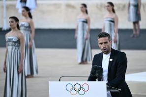 Handover: President of the Paris 2024 Olympics and Paralympics Organising Committee (Cojo) Tony Estanguet speaks during the ceremony