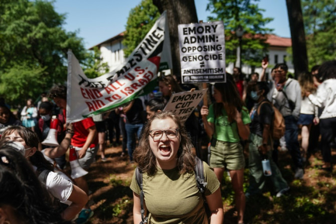 Students chant during a pro-Palestinian protest against the war in Gaza at Emory University in Atlanta, Georgia