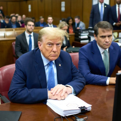 Former US president Donald Trump and his attorney Todd Blanche in court