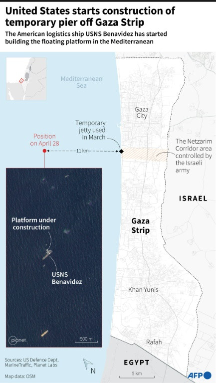 Map locating the American logistics ship off the coast of the Gaza Strip where the US has started building a temporary pier
