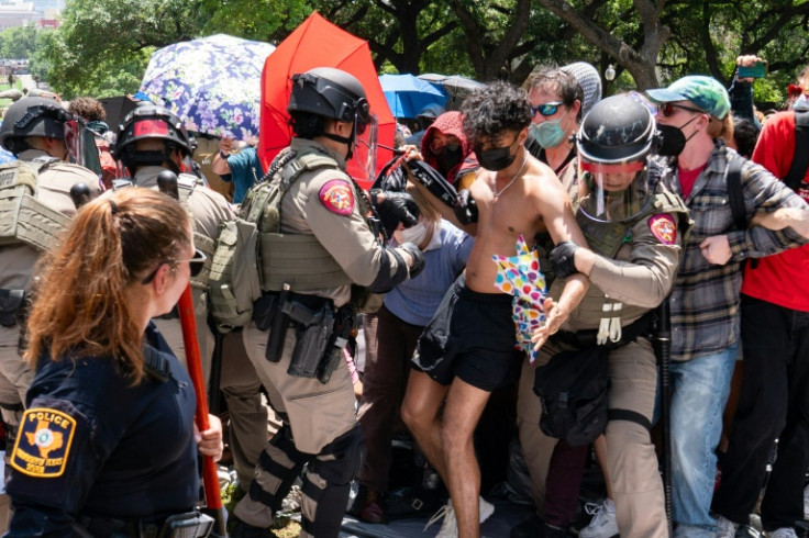 A pro-Palestinian demonstrator is arrested at the University of Texas in Austin on April 29, 2024