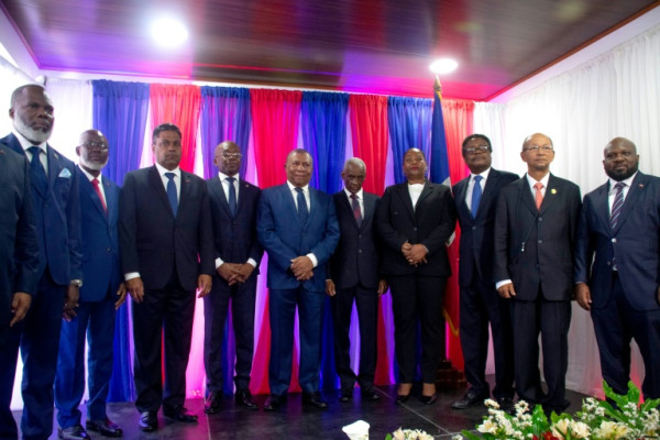 The members of Haiti's transitional council pose after being sworn in on April 25, 2024 in Port-au-Price