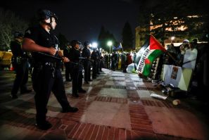 Demonstrations on college campuses by pro-Palestinian students, some seen here in a standoff with police at the University of California, Los Angeles, may have an impact on the 2024 US presidential race
