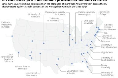 Map of US universities at which pro-Palestinian protests have led to arrests since April 17