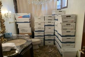 A photo attached to one of the indictments of Donald Trump shows stacks of boxes -- allegedly containing classified material -- in a bathroom at his Mar-a-Lago home in Florida