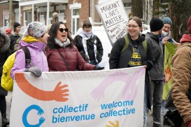 Protestors gather in Montreal on March 16, 2024, calling on the Canadian government to regularize undocumented migrants