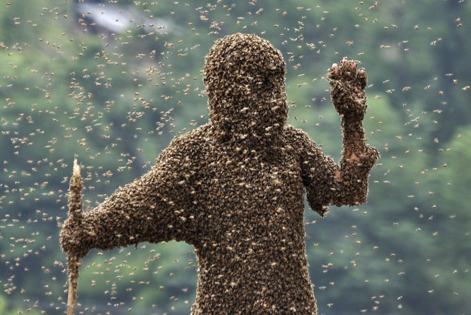 Bizarre Images of Chinese Farmers Covered With Thousands of Killer Bees.