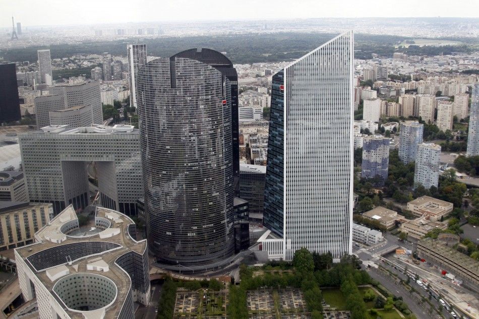 The Gan insurance company towers at La Defence business district outside Paris are seen in an aerial view