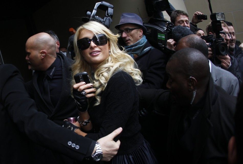 Celebrity socialite Paris Hilton arrives for a news conference at the Frankfurt stock exchange