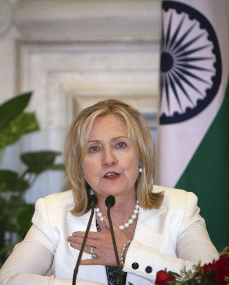 U.S. Secretary of State Clinton speaks during a joint news conference with India's FM Krishna in New Delhi