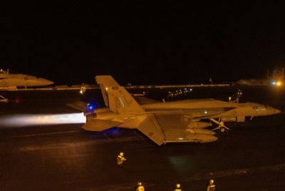 A handout image released by US Central Command (CENTCOM) via X on March 15 shows the launch of a fighter jet deployed for the Yemen raid