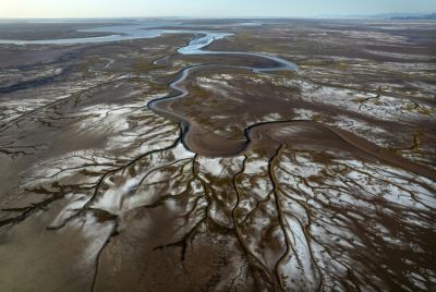 Aerial view of the Colorado River Delta meeting the Gulf of California in Mexico