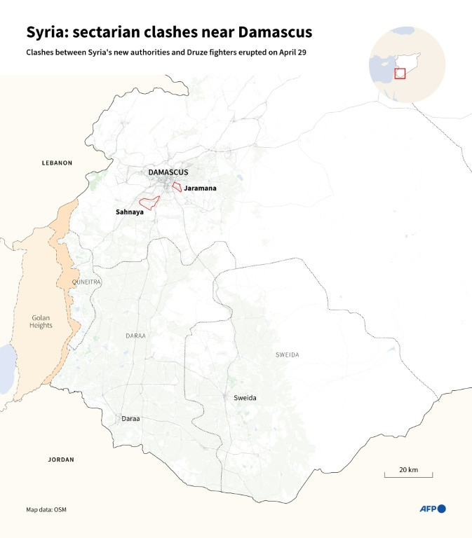 Infographic with map of southern Syria highlighting the Jaramana suburb in Damascus and the town of Sahnaya where sectarian clashes took place overnight on April 29, 2025