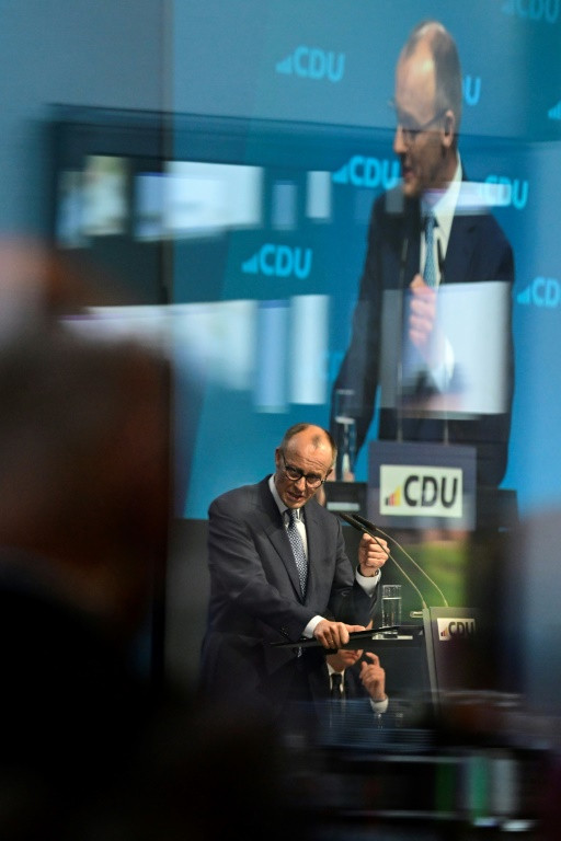 Friedrich Merz at a meeting of his conservative Christian Democratic Union on April 28, 2025 in Berlin
