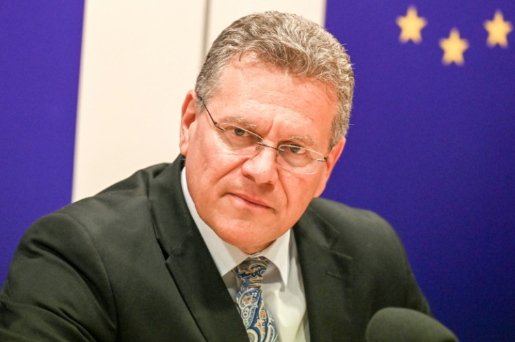 EU Trade Commissioner Maros Sefcovic speaks to reporters in Singapore on May 7, 2025, after signing the EU-Singapore Digital Trade Agreement (DTA)