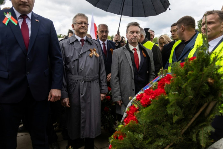 Protesters chanted "terrorists" as Russia's ambassador to Poland, Sergei Andreyev, brought a wreath to commemorate the Soviet defeat of Nazi Germany