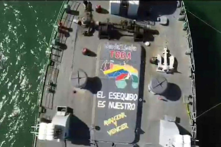 A Venezuelan fregate with the message 'Essequibo is ours'