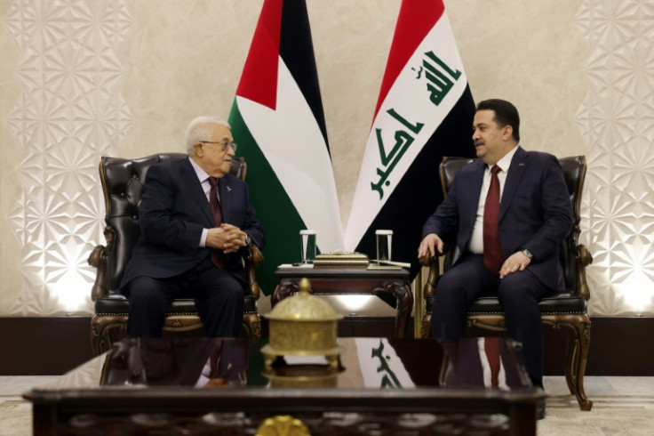 Iraqi Prime Minister Mohammed Shia al-Sudani (R) hold talks with Palestinian president Mahmud Abbas ahead of Saturday's Arab League meeting in Baghdad.