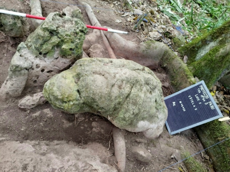 Two sculptures Guatemalan officials say "represent an ancestral couple," discovered at the Uaxactun archeological site of an ancient Mayan city