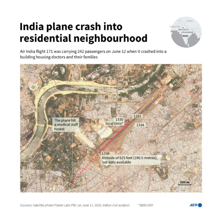 Satellite image from Planet Labs PBC showing the Ahmedabad airport area, in northwest India, and the flight path of the Air India plane which crashed Thursday, June 12, shortly after takeoff with 242 passengers and crew aboard