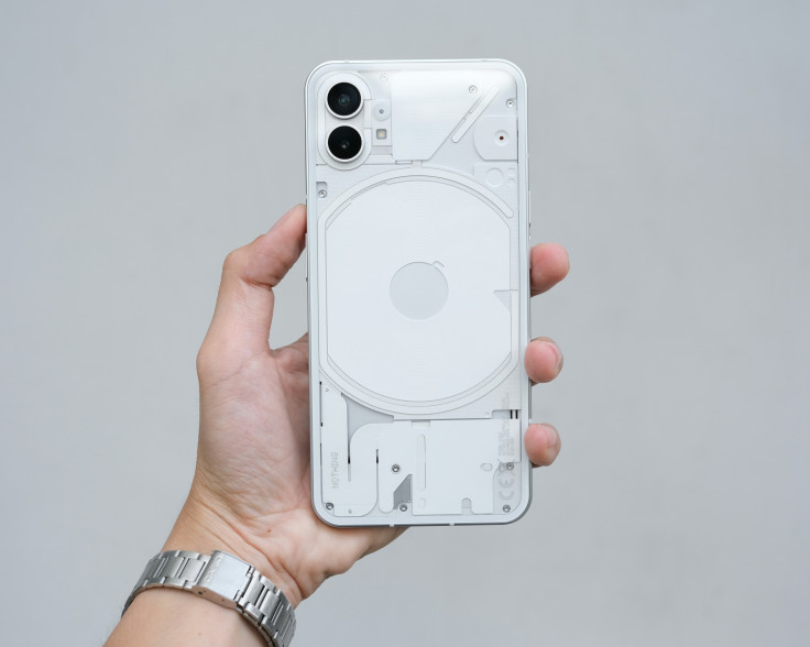 Back of a Nothing smartphone with transparent design