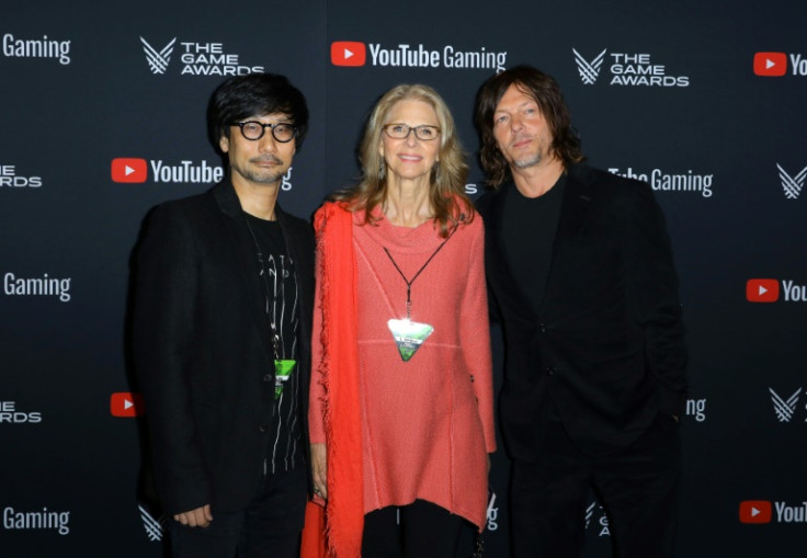 Japanese video game maker Hideo Kojima (L) with actors Lindsay Wagner and Norman Reedus, who featured in 'Death Stranding'