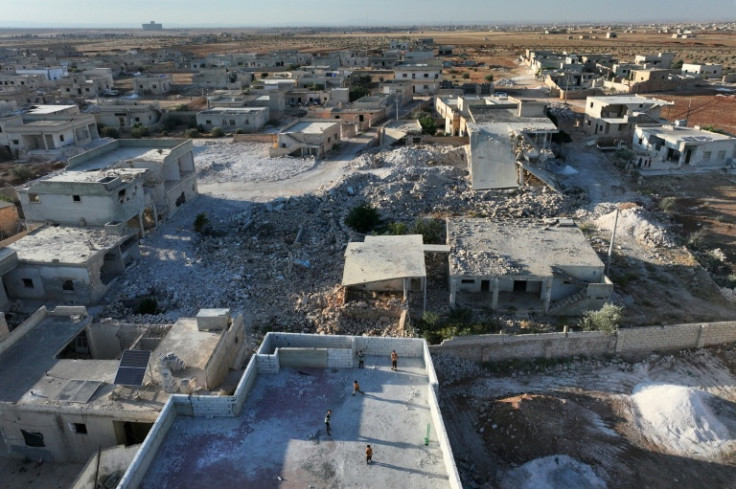 An aerial photograph shows of the village of Tal Mardikh, in Syria's northwestern Idlib province, on June 2, 2025
