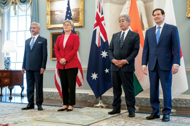 US Secretary of State Marco Rubio (right) poses for a group picture with Australian Foreign Minister Penny Wong (2nd left), Japanese Foreign Minister Takeshi Iwaya (2nd right)) and Indian Foreign Minister Subrahmanyam Jaishankar