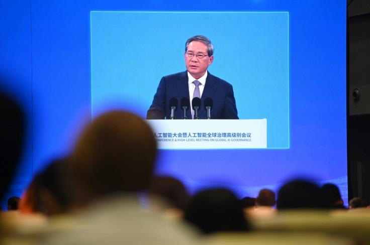 Chinese Premier Li Qiang is seen on a screen at the opening ceremony of the World Artificial Intelligence Conference in Shanghai on July 26, 2025