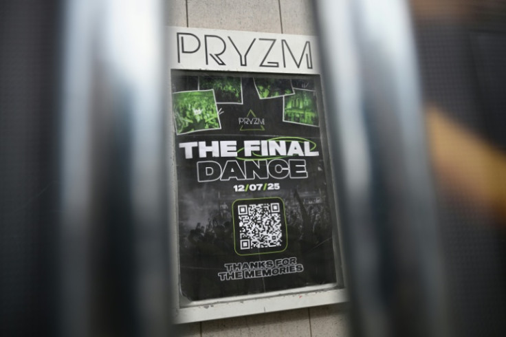 A sign advertises the final night at the closed-down PRYZM Kingston club in Kingston, west of London, on July 31, 2025