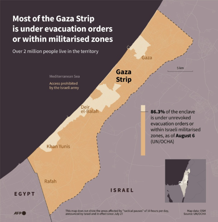 Infographic with a map of the Gaza Strip showing the parts of the territory under unrevoked evacuation orders or within Israeli militarised zones as of August 6, 2025, according to UN/OCHA