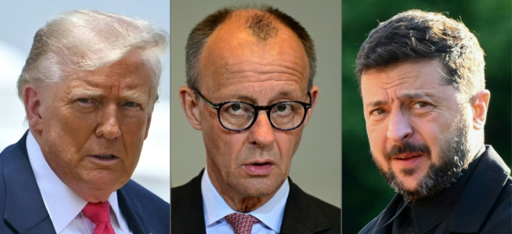 This combination of file photos shows US President Donald Trump at Joint Base Andrews, Maryland on July 15, 2025, German Chancellor Friedrich Merz at the Chancellery in Berlin on June 10, 2025, and Ukrainian President Volodymyr Zelensky during a North Atl