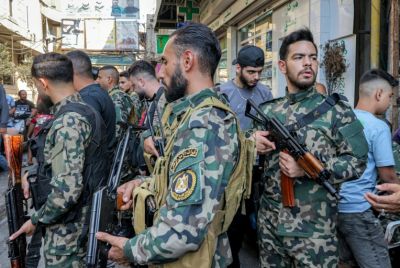 Palestinian fighters in the Burj al-Barajneh camp for Palestinian refugees in Beirut's southern suburbs
