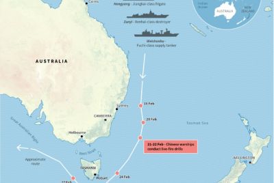 Infographic map showing the area in the Tasman Sea where three Chinese warships were tracked in February by New Zealand and Australian authorities