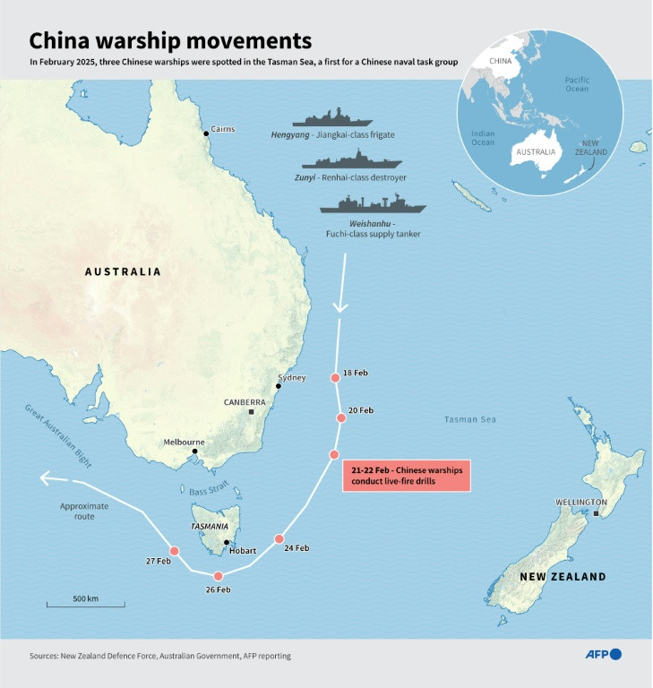 Infographic map showing the area in the Tasman Sea where three Chinese warships were tracked in February by New Zealand and Australian authorities