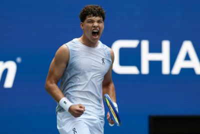 USA's Ben Shelton reacts during his opening win over Peruvian qualifier Ignacio Buse