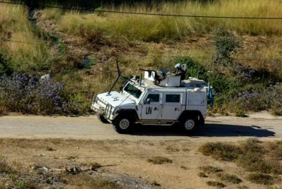One of the armoured vehicles of the United Nations Interim Force in Lebanon (UNIFIL) peacekeepers patrols in the Buwayda region of Marjayoun in southern Lebanon by the border with Israel on July 4, 2025.