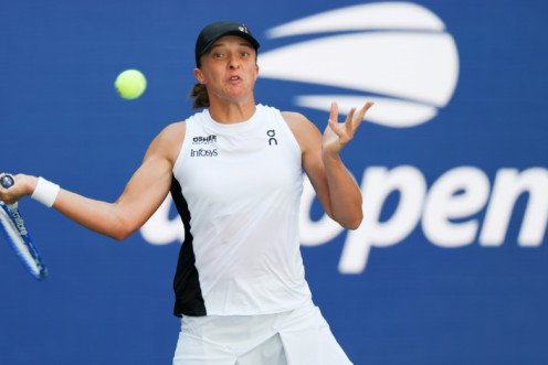 Poland's Iga Swiatek returns during her first round defeat of Colombia's Emiliana Arango at the US Open